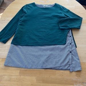 YUZAO. 3XL. 100% Cotton tunic w 3/4sleeve, top layer green/white/black w/buttons